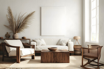 Living room with wood and modern furniture, in the style of minimalistic modern, nature morte, unprimed canvas, white and bronze, layered texture, uhd image, warm color palettes.