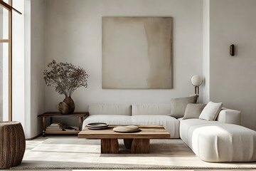 White living room with modern furniture and fireplace, in the style of wood, light brown and dark beige, large canvas sizes, rustic figurative, nature morte, large-scale canvas.