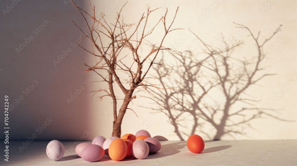 Poster warmly lit scene of assorted easter eggs with the dramatic shadow of bare branches, creating a contr