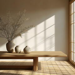 Fototapeta na wymiar Room empty wooden table with vases, in the style of light beige and light amber, asian-inspired, vray tracing, bold yet graceful, delicate painterly touch, organic modernism, plaster.