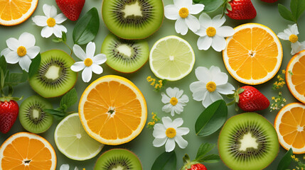 Bright and healthy citrus fruits like oranges, limes, and kiwis with strawberries and spring flowers on a vivid green background. - obrazy, fototapety, plakaty