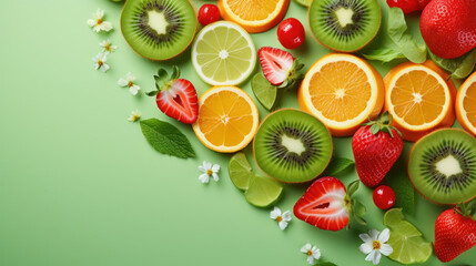 Tropical and seasonal fruit arrangement with strawberries, oranges, and kiwi amongst white spring blossoms on a lively green background. - obrazy, fototapety, plakaty