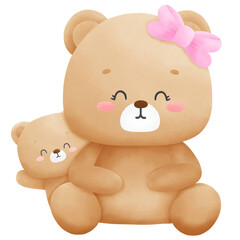 A mother brown bear sits in front of a small brown bear cub behind her