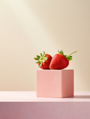 Pink podium for product display on pink with Strawberry