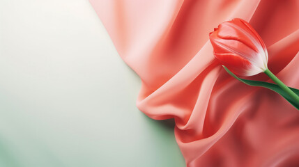 A single red tulip laying on a coral-colored satin fabric, creating a soft and delicate contrast.