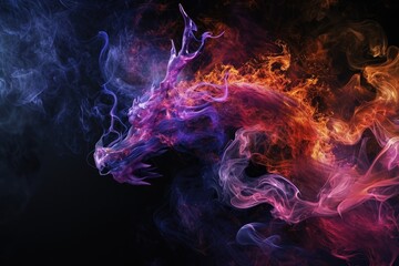 Image of dragon with colourful smoke on black background. Mythical creatures. Illustration - obrazy, fototapety, plakaty