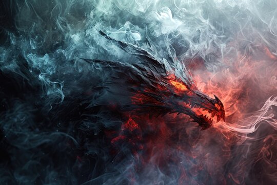 Fototapeta Image of dragon with colourful smoke on black background. Mythical creatures. Illustration