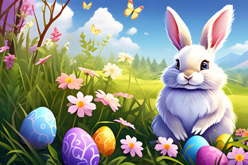 The charm of the card with cute Easter bunny illustrations generative ai