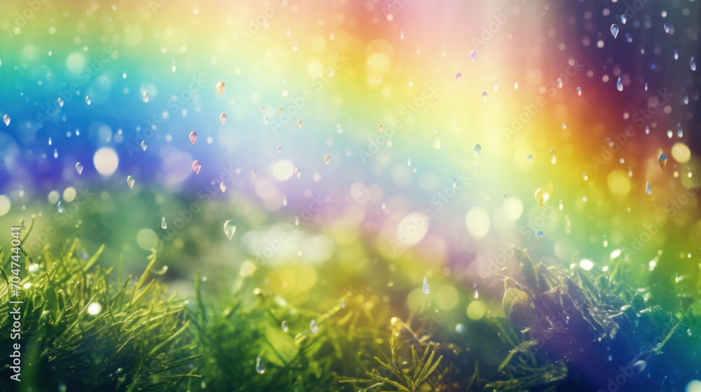 Poster raindrops suspended in lush greenery, illuminated by a soft bokeh light, creating an enchanting natu