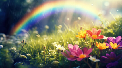 A captivating display of nature's beauty with a rainbow arcing over colorful spring flowers during...