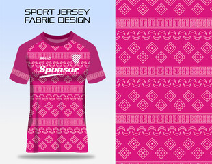 Pink sports t-shirt design template with ethnic pattern for soccer jersey. Shirt mockup for sports clubs like badminton, volleyball, cycling, running and futsal. Sports uniform in front view. - obrazy, fototapety, plakaty