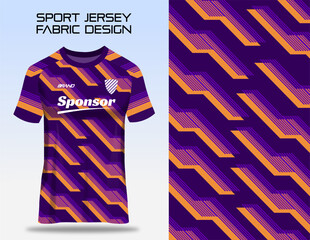Purple sport t-shirt design template with abstract line pattern for soccer jersey. Shirt mockup for sport club like badminton, volleyball, cycling, running and futsal. Sport uniform in front view.  - obrazy, fototapety, plakaty