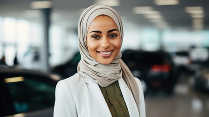 A young Muslim woman wearing a head scarf is smiling in a car dealership.