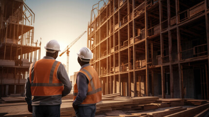 Two construction engineers in safety vests and helmets discuss plans at a building site with scaffolding and crane in the background.