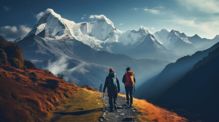 Two hikers with backpacks walking on a mountain trail, with majestic snowy peaks in the background, adventure trekking.