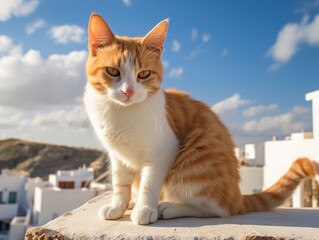 Ginger cat sitting on a wall in Santorini, Greece