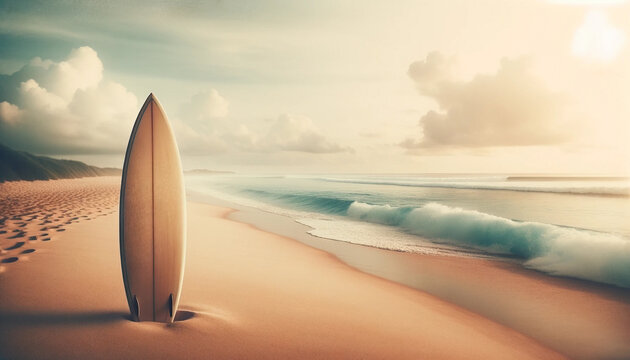 A vintage effect style picture of a surfboard on a tropical beach with soft waves and a misty horizon - Generative AI
