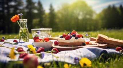 A delightful summer picnic setup on a blue checkered blanket with fresh fruits, pastries, and wildflowers in a sunny meadow. - obrazy, fototapety, plakaty