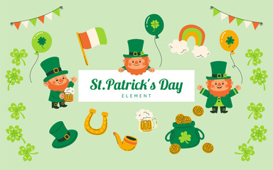 St. Patrick's Day icon set design element. Traditional Irish symbols in modern flat style. Vector illustration, clip art.