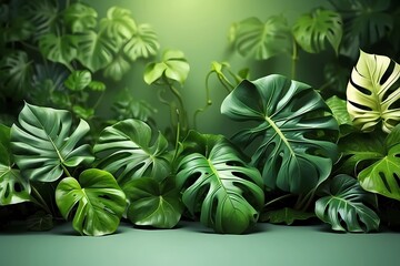 Realistic 3d green Monstera Leaves with Seamless Pattern wall display Background with. Generative AI
