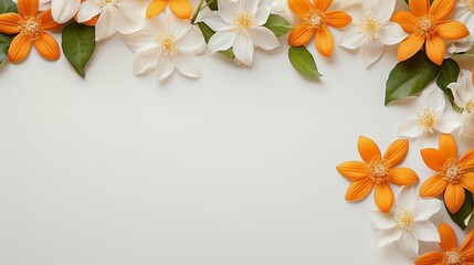 A flat lay of white and orange clematis flower border on a white background copy space for lettering