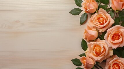 Flat lay of peach-colored roses on a light wood table with copy space