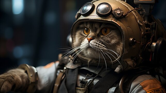 A cat wearing a spacesuit and helmet