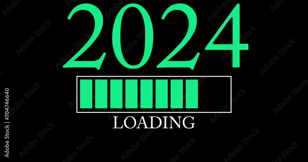 Poster number 2024 with loading, downloading, uploading bar indicator. download, upload on computer screen.