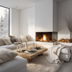 Cozy modern living room with Fireplace White walls L shaped sofa, pillows, throw blanket, comfy fire