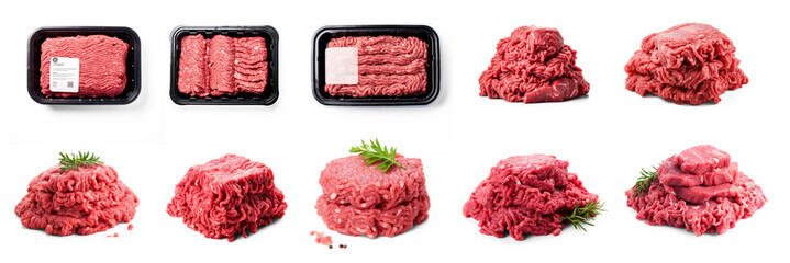 Set of dark red ground meat​​ in a black plastic plate isolate on transparency background png 