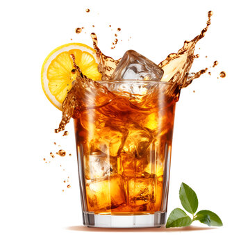 iced tea with lemon splashing in a glass isolated on a transparent background