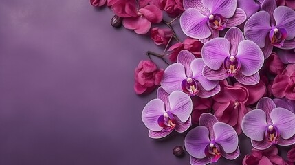 Flat lay of purple orchid flowers on a dark purple background with copy space for lettering
