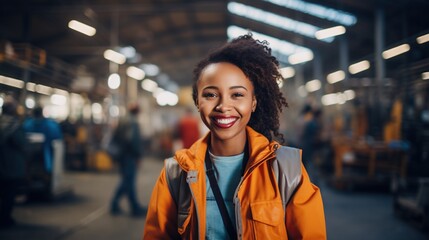 Portrait of a smiling young African-American woman in an industrial setting - obrazy, fototapety, plakaty
