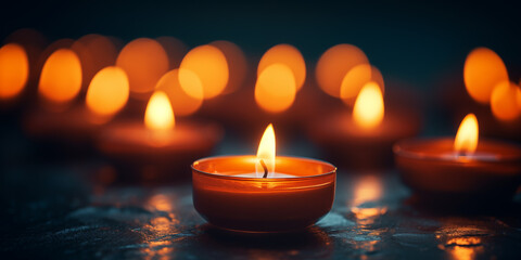 Obraz na płótnie Canvas Candle burning Bright flame ignites on the dark surface of remembrance day burning candles in illuminates the dark night of spirituality symbol of love and peace.AI Generative