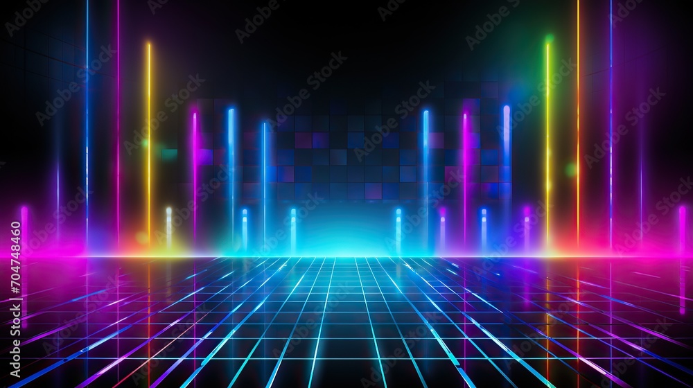 Poster neon lights, spotlights and ray.neon triangle frame with glowing effect on dark background. blank gl