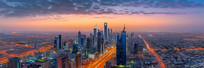 Fototapeta premium Riyadh City Skyline at Dusk with Dazzling Lights and Modern Architecture, A Stunning Urban Panorama