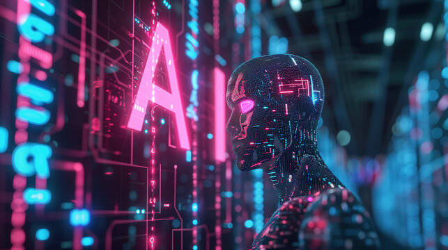 Futuristic Artificial Intelligence: Holographic Profiles, Glowing Data Streams, and Cybernetic Human Faces with Neon Lights and Circuitry - Powered by Adobe