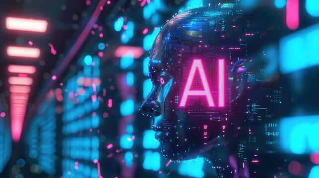Futuristic Artificial Intelligence: Holographic Profiles, Glowing Data Streams, and Cybernetic Human Faces with Neon Lights and Circuitry - Powered by Adobe