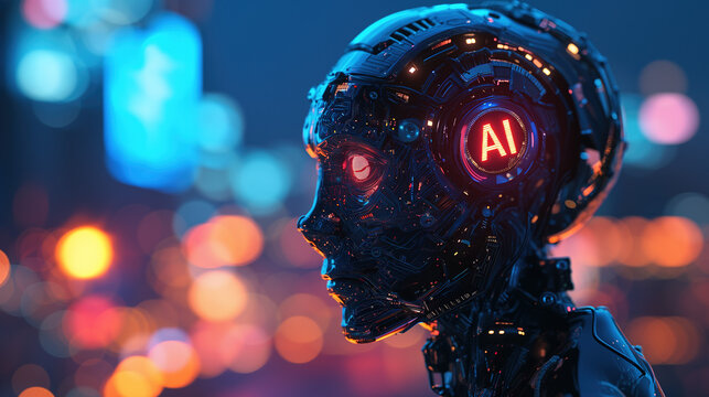 Futuristic Artificial Intelligence: Holographic Profiles, Glowing Data Streams, and Cybernetic Human Faces with Neon Lights and Circuitry - Powered by Adobe