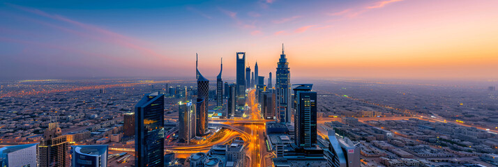 Riyadh City Skyline at Dusk with Dazzling Lights and Modern Architecture, A Stunning Urban Panorama - obrazy, fototapety, plakaty