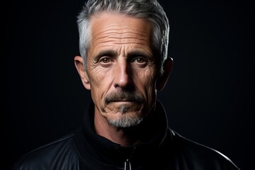Portrait of a senior man with grey hair on a black background.