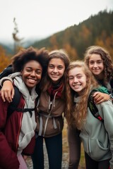 Multiethnic group of four teenage girls hiking in the mountains