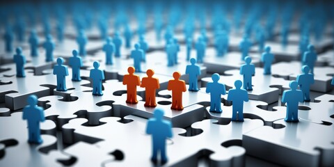 An image depicts a crowd standing on puzzle pieces, symbolizing unity, collaboration, and customer integration in a business context. - obrazy, fototapety, plakaty