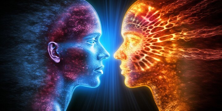 A Man And A Woman Are Depicted Facing Each Other, Their Faces Reflecting A Powerful Connection, Symbolizing Twin Souls And Collective Consciousness.