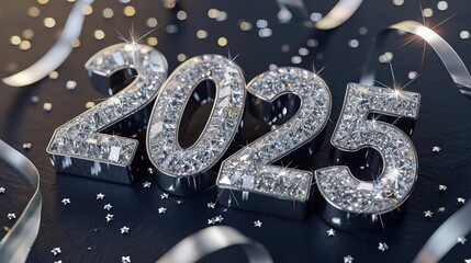 "2025" in Metalic Glossy Shiny Look like a diamond, on celebration dark background, confeti, silver ribbon, generative ai