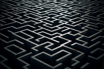 A monochrome image showcases a complex maze, its geometric structure and depth creating intrigue.