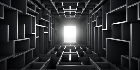 A dark room is depicted with a light at the end, symbolizing an exit or a portal to another dimension.