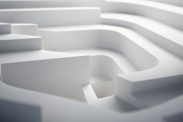 A white maze with stairs is depicted, its smooth surface and depth of field creating an abstract concept.