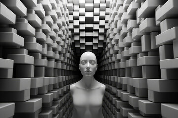 A white mannequin stands before a wall of cubes, creating a surreal and futuristic portrait.