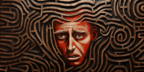 A painting presents a man's face, lost within the intricate paths of a maze.